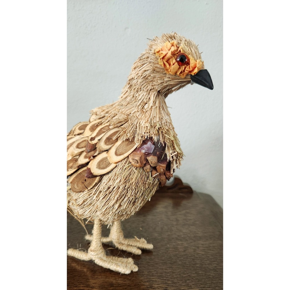 Vintage Pheasant Bird Figure Statue Natural Real‎ Feathers Wood Straw Grass 19"
